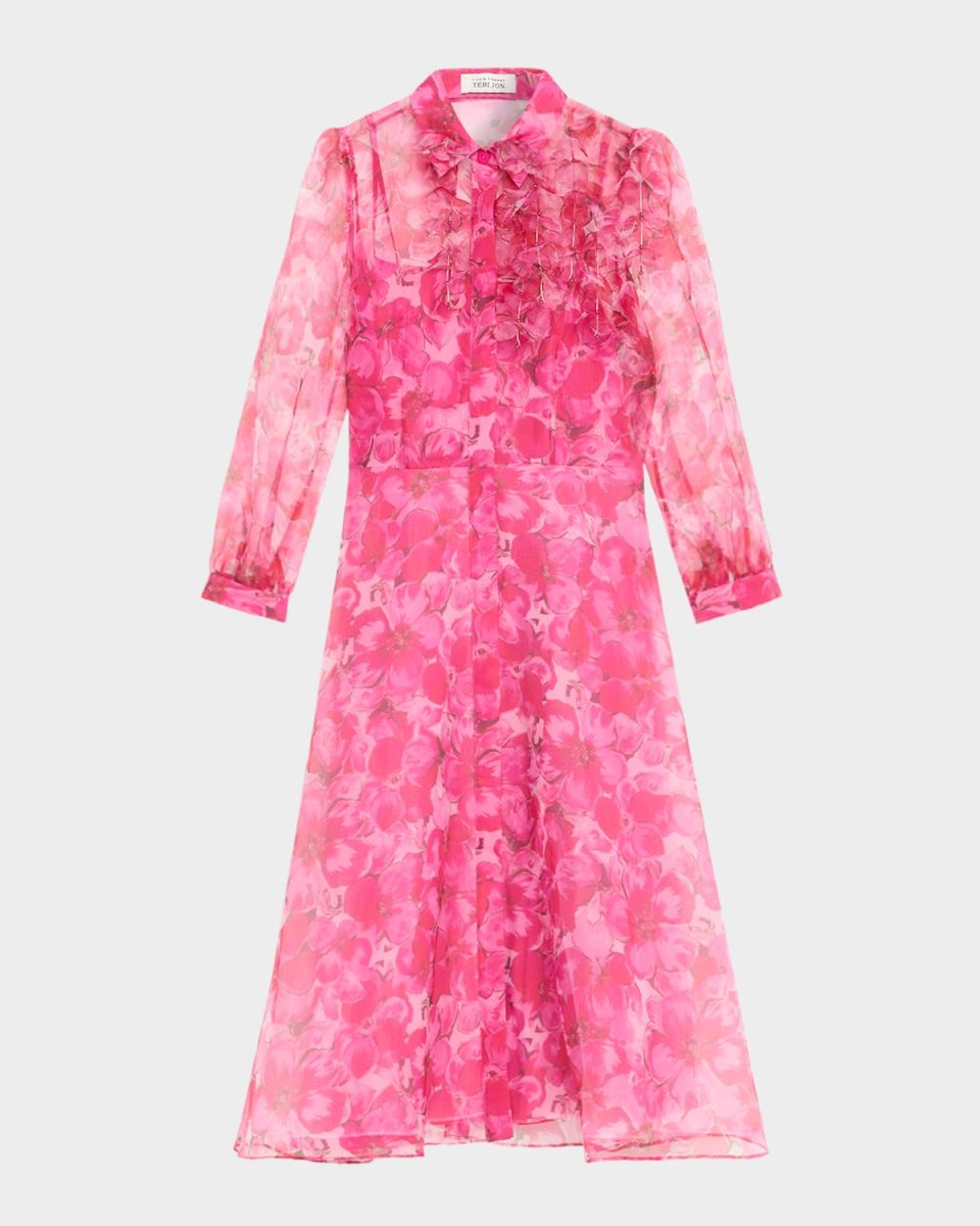 Floral-Print Organza Midi Shirtdress